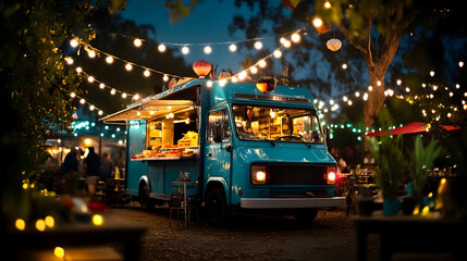 A blue food truck is parked in a lot at night with string lights overhead, serving delicious food to customers.