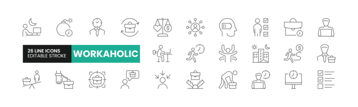 Set of 26 Workahloic line icons set. Workahloic outline icons with editable stroke collection. Includes Workload, Working Hours, Tasks, Screen Time, Work Fatigue, and More.