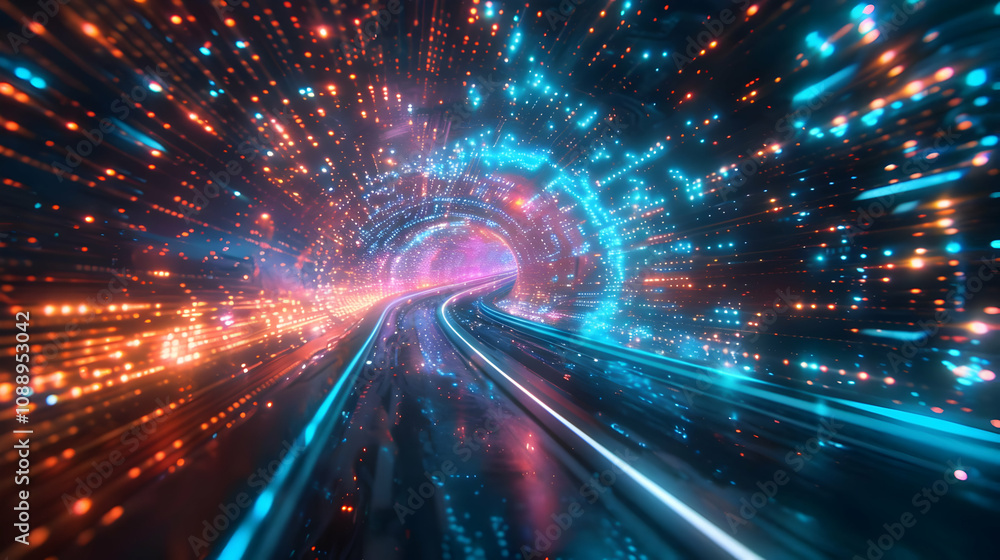 Poster digital tunnel: glowing lights and speeding lines in a 3d abstract background