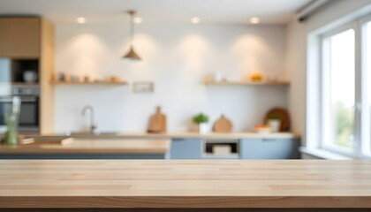 Fototapeta premium Wooden table top with blurred kitchen interior in the background