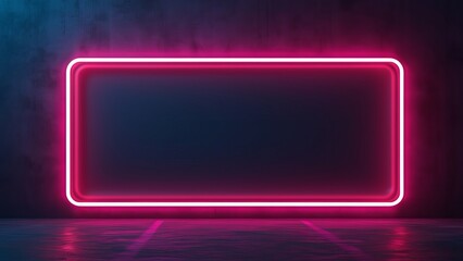Neon glowing rectangular frame in pink and blue on dark tiled wall background.