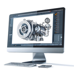 engineering designer design 3d cad software program industrial engine model mechanical dimensional digital manufacturing factory engineer computer screen. 3d rendering with a white accent, 
