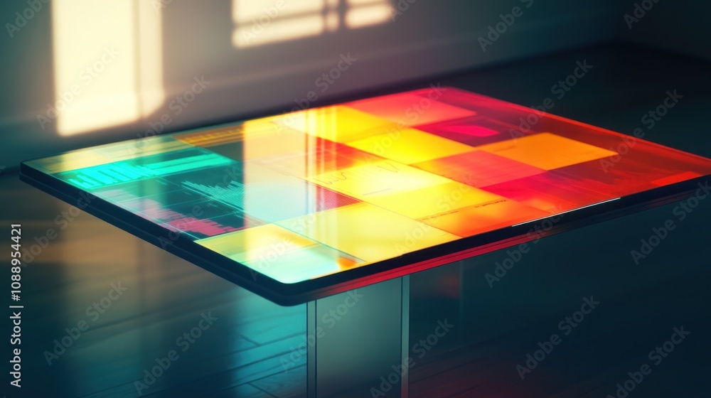 Poster A futuristic table with a vibrant, interactive display showcasing colorful patterns.