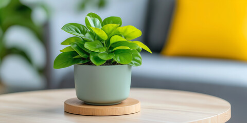 vibrant green plant in modern pot on wooden table, adding freshness