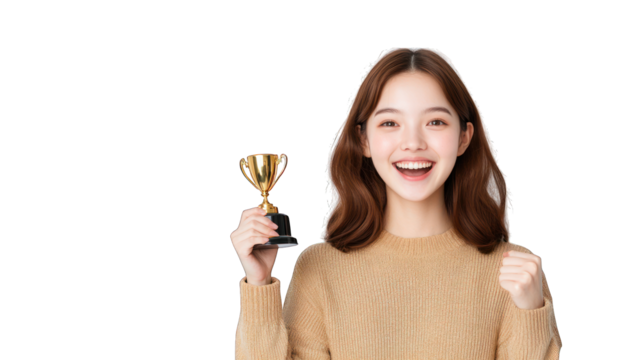 A young woman celebrating with a trophy, expressing joy and success. Transparent background.