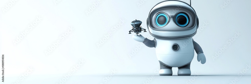 Aufkleber a cute robot character holding a small drone in a minimalist setting.