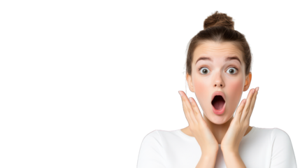 A surprised young woman expressing shock or excitement. Transparent background.