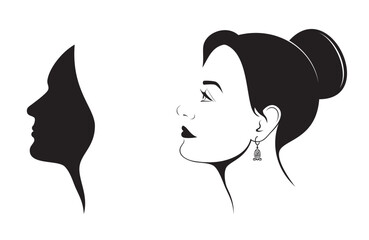 Vector set of outline and silhouette female woman's head profile, isolated, illustration on white background.