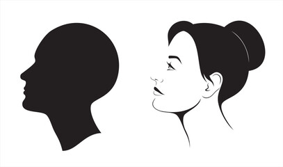 Vector set of outline and silhouette female woman's head profile, isolated, illustration on white background