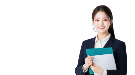 A smiling woman in formal attire holding a folder, exuding professionalism. Transparent background.