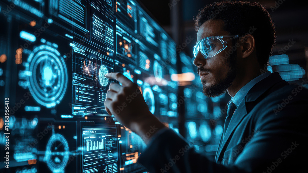 Poster man in futuristic lab interacts with digital interface, exploring advanced technology. scene is illuminated by blue holographic displays, suggesting innovation and research