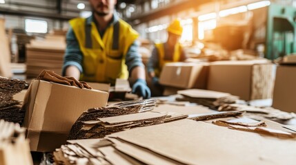 Workers skillfully package recycled paper products for shipment in a busy factory environment