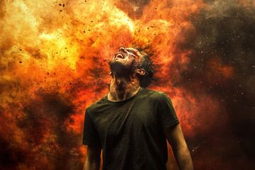 Dramatic moment of a man engulfed in a powerful explosion, with vibrant flames and intense emotions. Fiery orange and black tones dominate the scene.