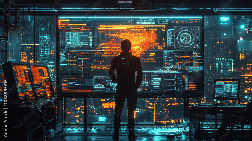 Poster person stands in futuristic cybersecurity lab, surrounded by holographic data displays and glowing s