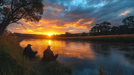 Obraz premium Two men sit by a river watching a vibrant sunset.