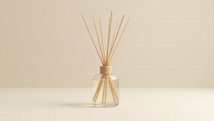 Fototapeta premium A modern aroma diffuser mockup showcasing light liquid and natural reeds for a clean design.