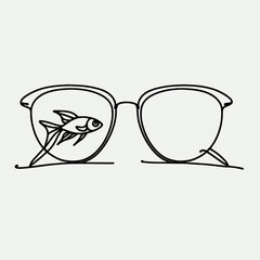 Clever illustration of eyewear reflecting a goldfish swimming in a serene aquatic world