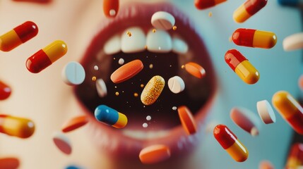 Pills and tablets falling into an open mouth, concept of drug abuse and pharmaceutical dependence