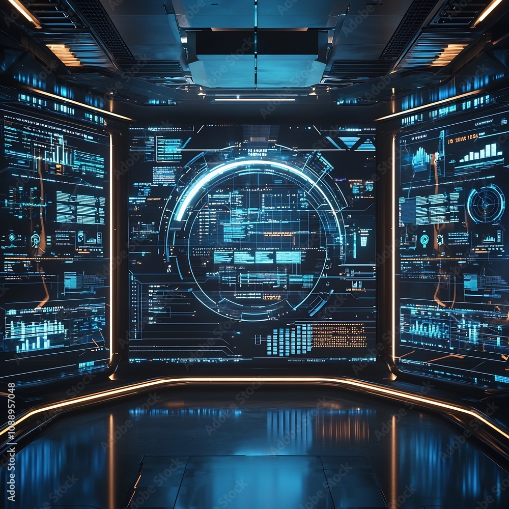 Poster futuristic control room with holographic data streams displaying real time industry analytics and ma