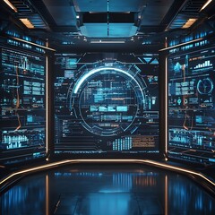 Obraz premium Futuristic control room with holographic data streams displaying real time industry analytics and market trends