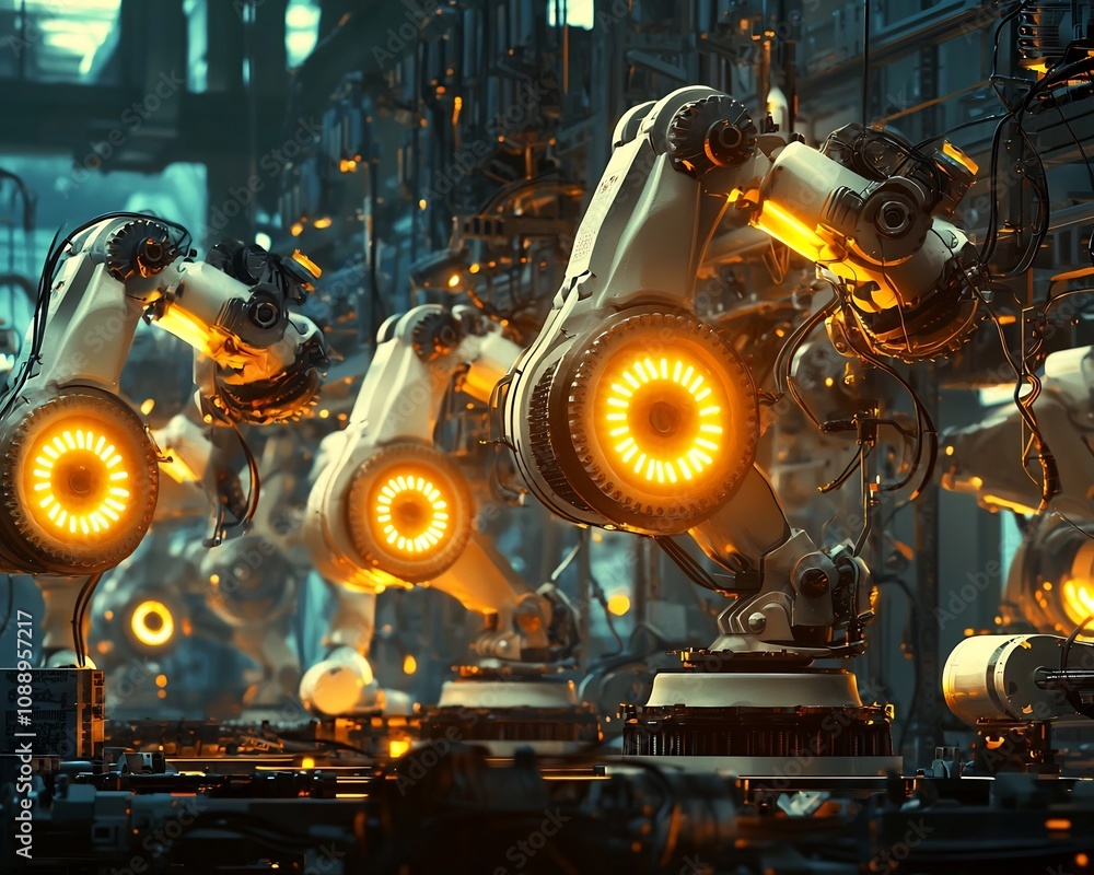 Poster seamless of robots and humans in a futuristic factory setting