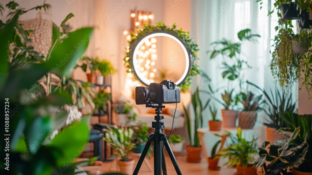 Poster A camera is positioned on a tripod in a vibrant indoor garden filled with diverse plants and gentle lighting. The setup is designed for creating high-quality content in a serene environment.