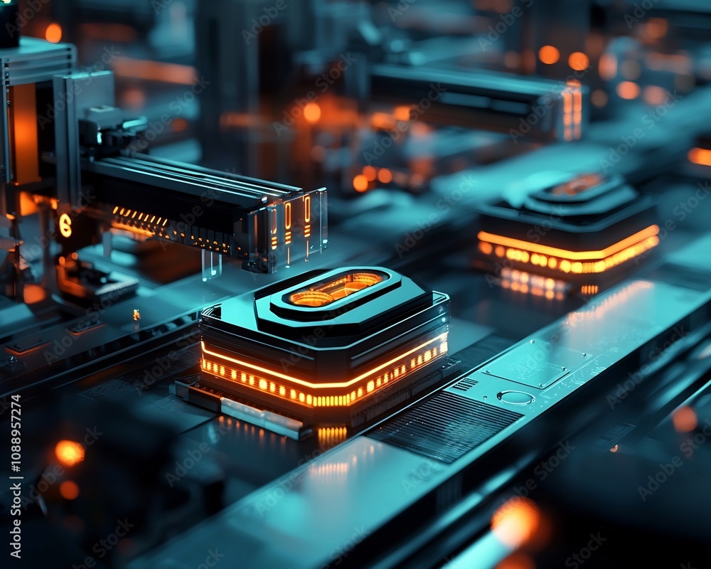 Poster automated futuristic factory producing glowing high tech products on assembly lines