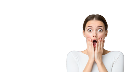 A surprised woman expressing shock with hands on her face. Transparent background.