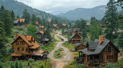 Naklejka premium Scenic view of a historic, rustic mining town nestled in a mountainous valley on a cloudy day.