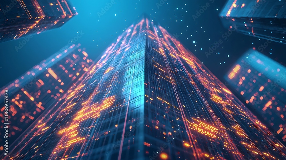 Poster glowing futuristic skyscraper representing interconnected industries and data streams