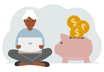 A woman sits cross-legged with a laptop next to a pig piggy bank. Earning money, saving, saving money. Vector flat illustration