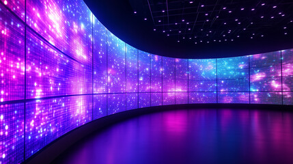 Wide Curved LED Wall with Purple and Blue Glow
