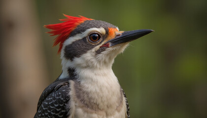 Fototapeta premium Woodpecker in profile looking at the camera in close-up in the forest