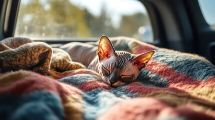 Sphynx cat relaxing on cozy blanket in car with copy space
