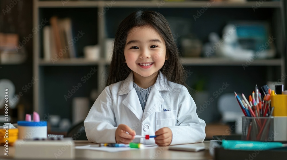 Poster A young girl in a lab coat smiles while working with colorful building blocks on a table.