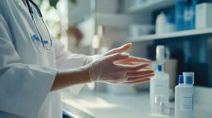 Doctor sanitizing hands before medical appointment in clinical setting