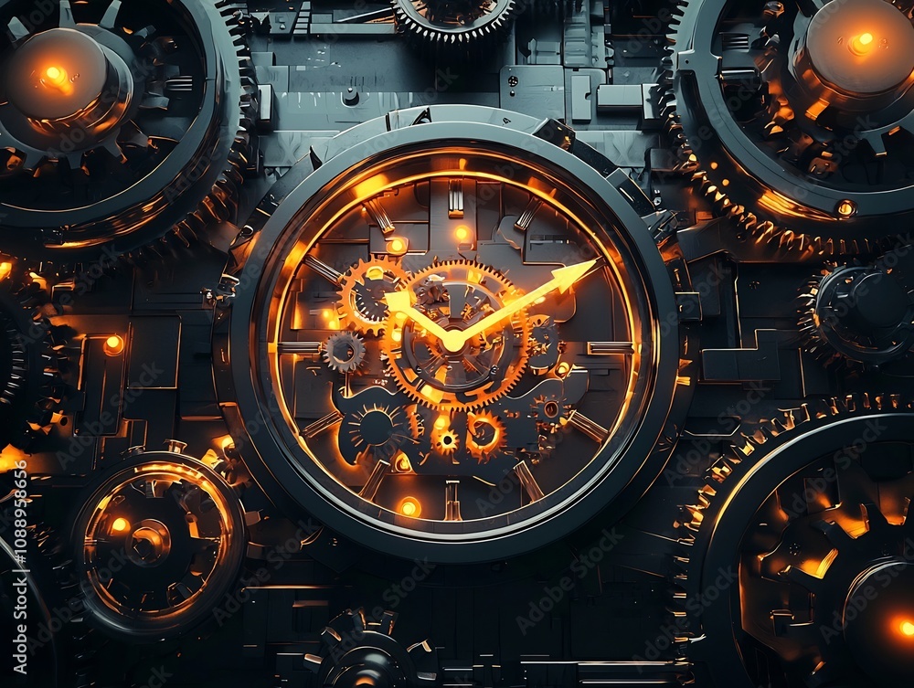 Poster clockwork mechanism symbolizing global business precision and timing