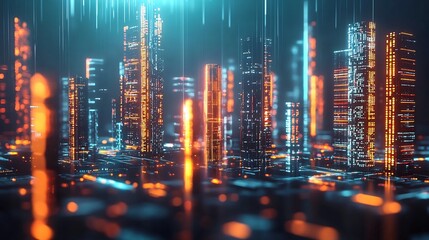 Futuristic Cityscape of Glowing Data Driven Skyscrapers Representing the Global Business Economy