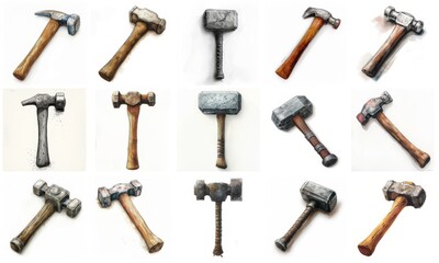 various types of hammers for construction tools,  carpentry tools set in color style, hammers set in color style