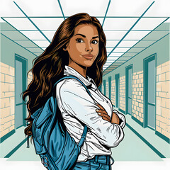 confident hispanic female high school student standing in a hallway, embodying the spirit of education and personal growth with a white accent, pop-art, png