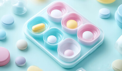 Pill organizer with colorful compartments on light background with copy space
