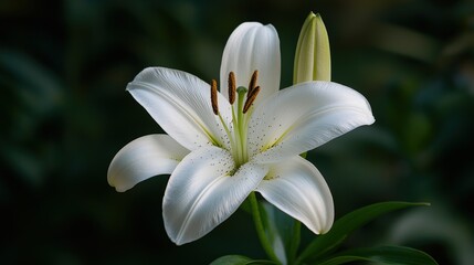 Fototapeta premium A stunning white lily blooms gracefully, showcasing delicate petals and vibrant stamens against a soft green background.
