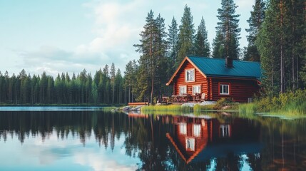 Fototapeta premium Secluded Lakeside Cabin Retreat Tranquil Nature Getaway with Reflections, Cozy and Peaceful