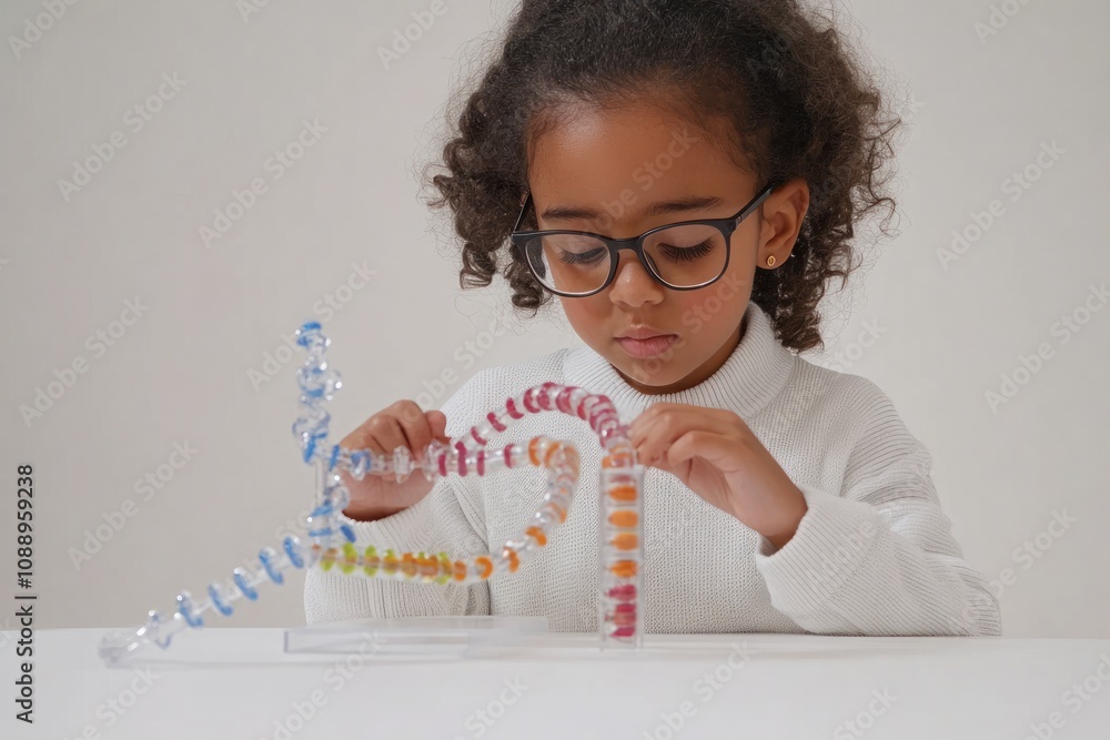 Leinwandbilder A child constructs a colorful DNA model using beads and connectors, exploring science concepts.