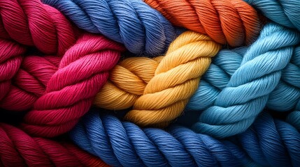 Macro shot of colorful braided ropes showing vibrant woven textile cords in red, turquoise, orange, beige and blue, intertwined threads against dark background with dramatic lighting.