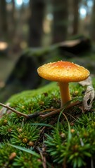 A vibrant orange mushroom thrives amidst lush green moss in a dense forest