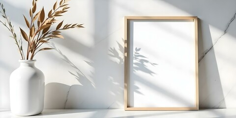 A wooden frame on a white marble surface with shadows of plants casting patterns on the wall
