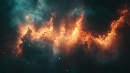 Naklejka premium Cosmic nebula artwork displaying vibrant galaxy clouds in turquoise and orange, deep space visualization with stellar dust and stars creating&nbsp;dramatic interstellar atmosphere.