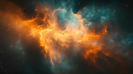 Fototapeta premium Cosmic nebula artwork displaying vibrant galaxy clouds in turquoise and orange, deep space visualization with stellar dust and stars creating&nbsp;dramatic interstellar atmosphere.