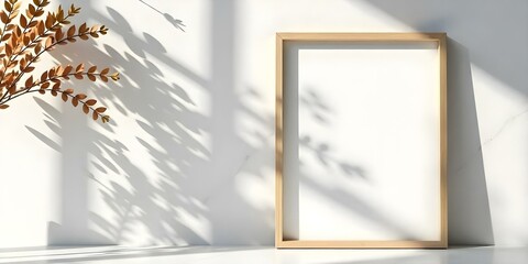 A wooden frame on a white marble surface with shadows of plants casting patterns on the wall